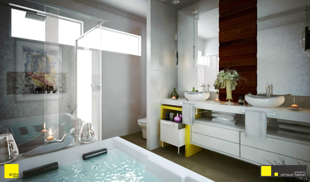 Projeto de interiores para banheiro com móvel em amarelo