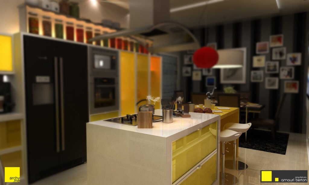 Cozinha com bancada e armário na cor amarela.